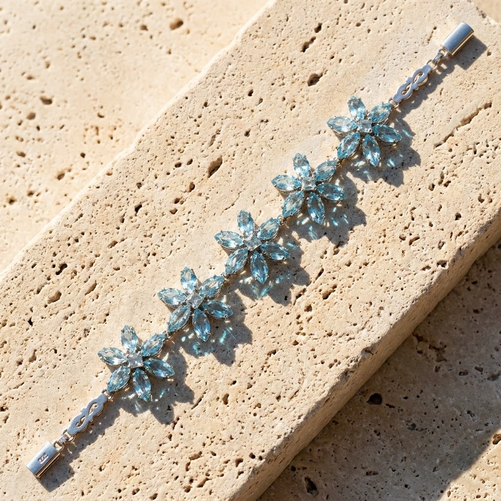 Natural Sky Blue Topaz Floral 925 Silver Bracelet